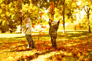 kids playing in the leaves